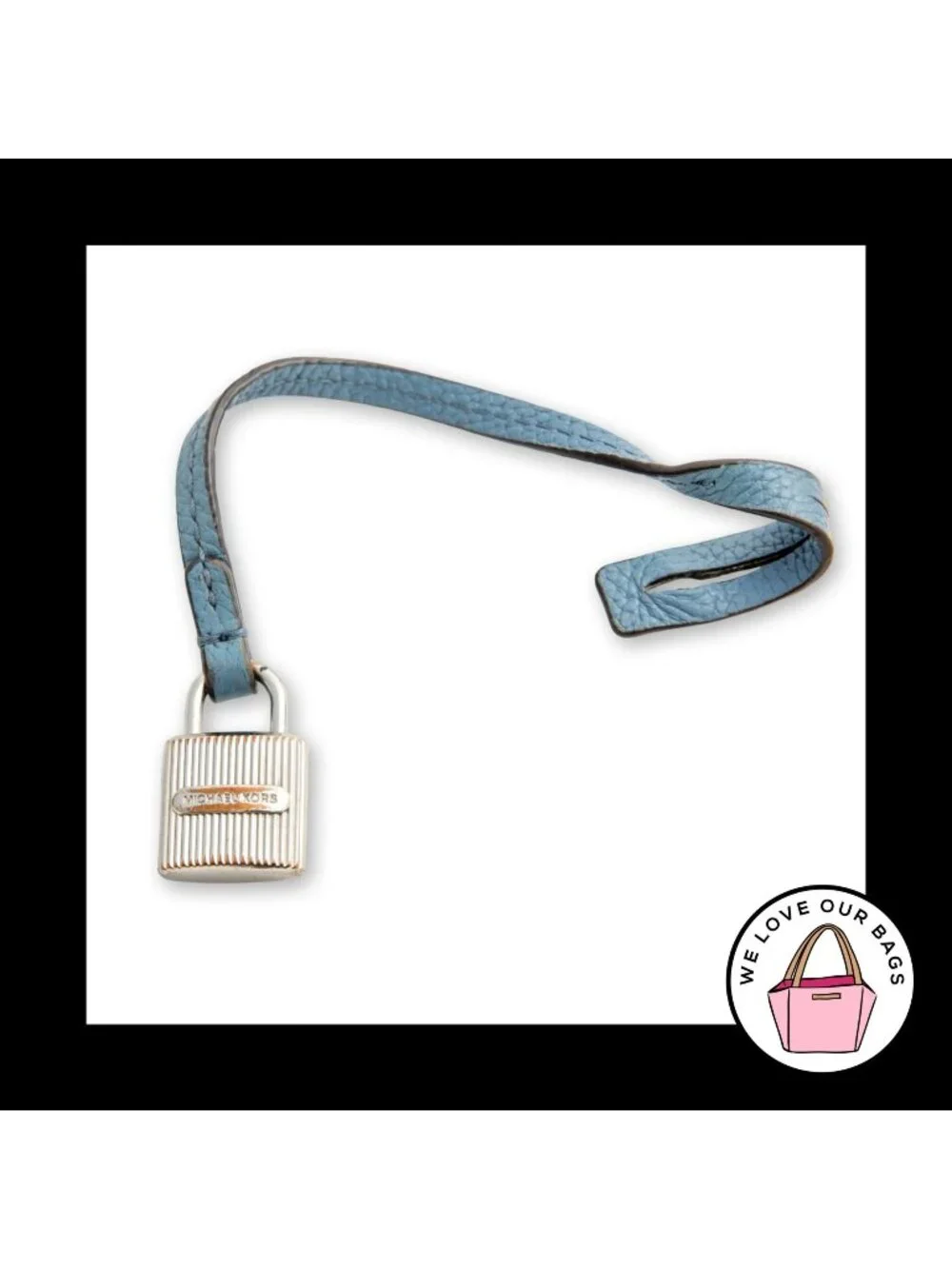 MICHAEL KORS LOCK Silver Metal Blue Leather Strap Bag Charm HangTag Keychain Fob